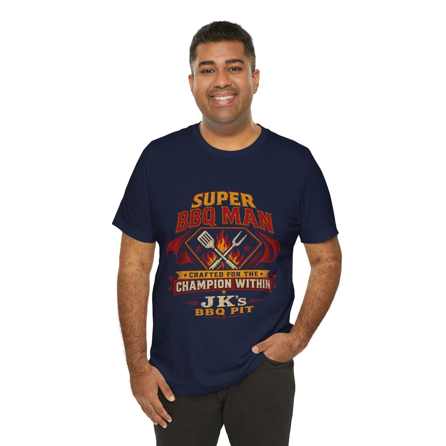 BBQ Man T-Shirt — "Super BBQ Man: Crafted for the Champion Within" Grilling Tee (Customizable JK's BBQ Pit)