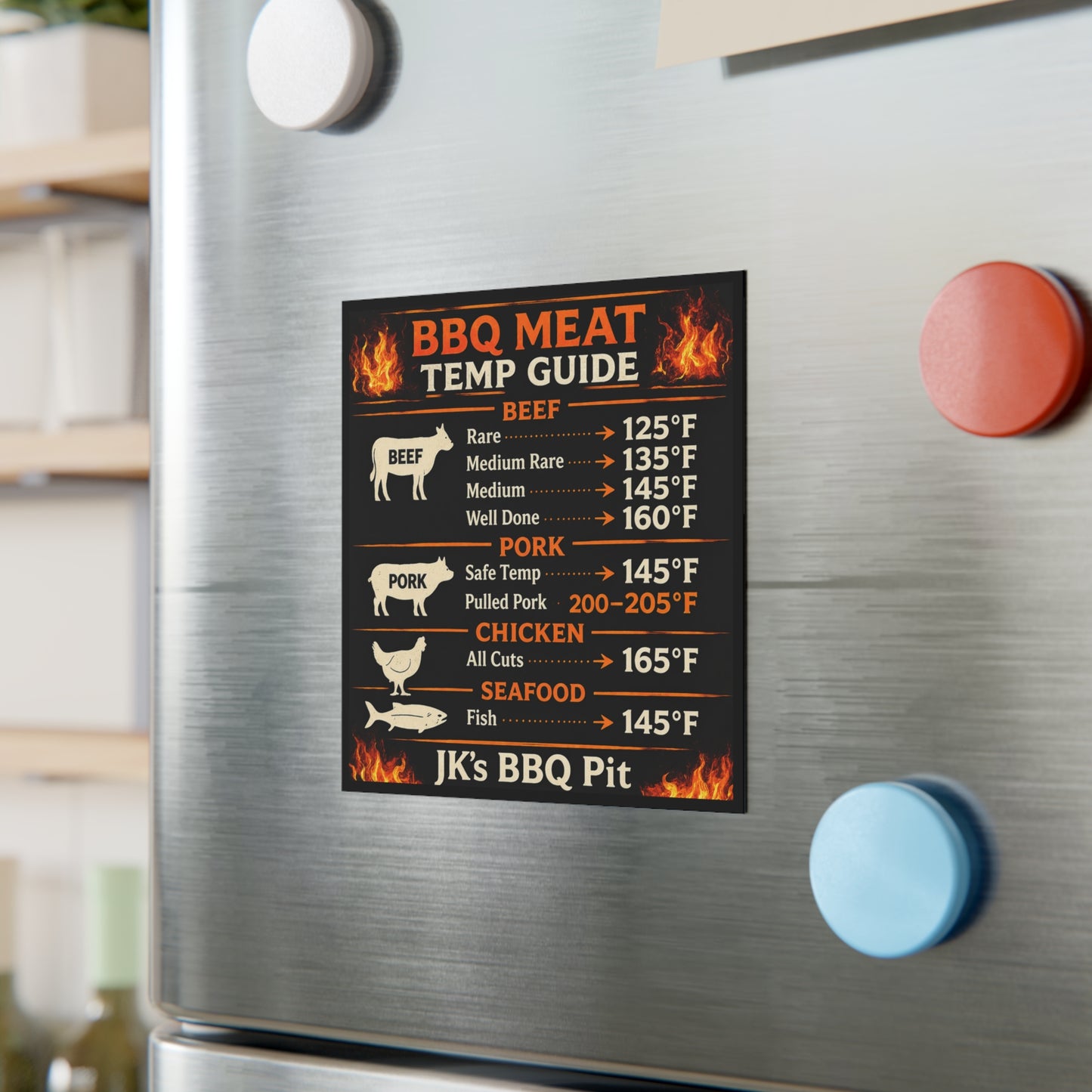 BBQ Meat Temp Guide Magnet — Grilling Temperature Chart for Beef, Pork, Chicken & Fish