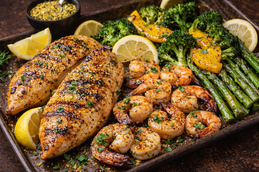 Grilled chicken, shrimp, and vegetables with fresh citrus flavor from JK’s Lemon Drop Seasoning
