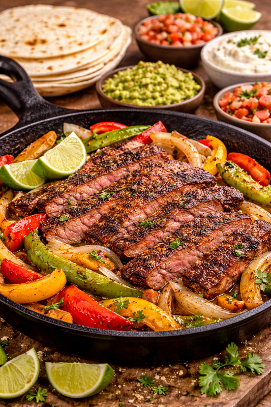 Grilled steak strips with sautéed bell peppers and onions served as sizzling fajitas