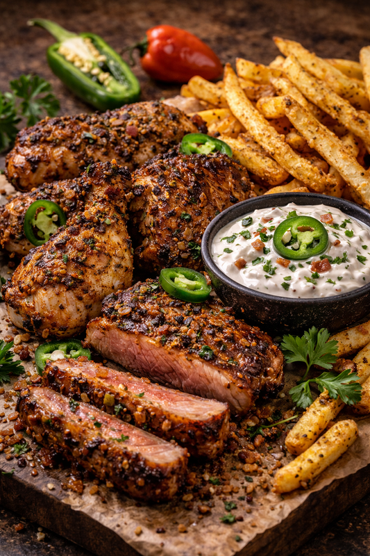 Grilled chicken, seasoned fries, and creamy jalapeño ranch dip topped with bacon and sliced jalapeños