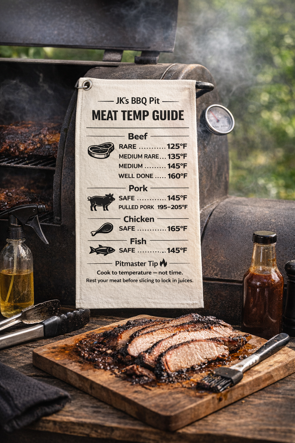 BBQ meat temp guide towel hanging on smoker with brisket, sauce, and grilling setup