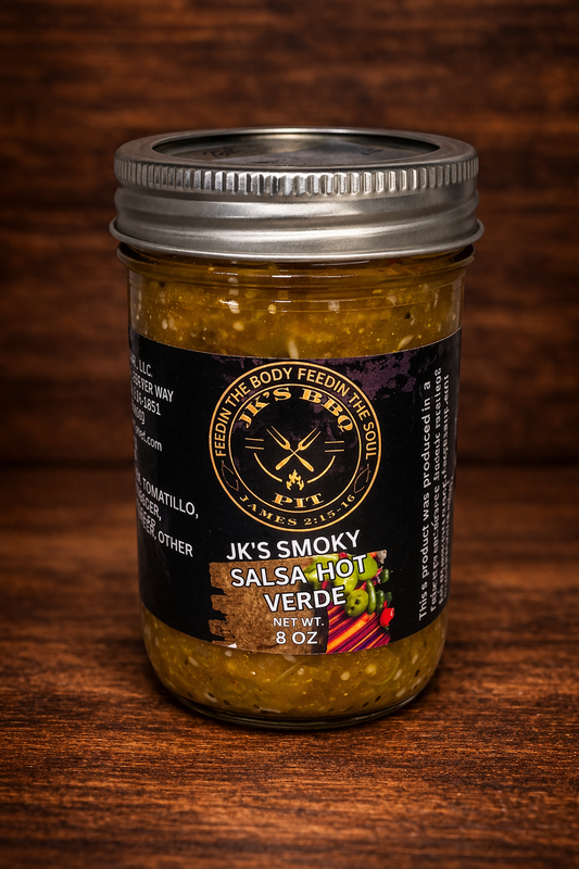 JK's BBQ Pit Smoky Salsa Verde Hot 8 oz jar on rustic wooden background small batch smoked tomatillo green salsa