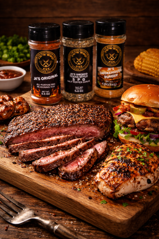 JK's BBQ Pit Starter Bundle seasonings with sliced steak, grilled chicken, and a burger on a wooden cutting board