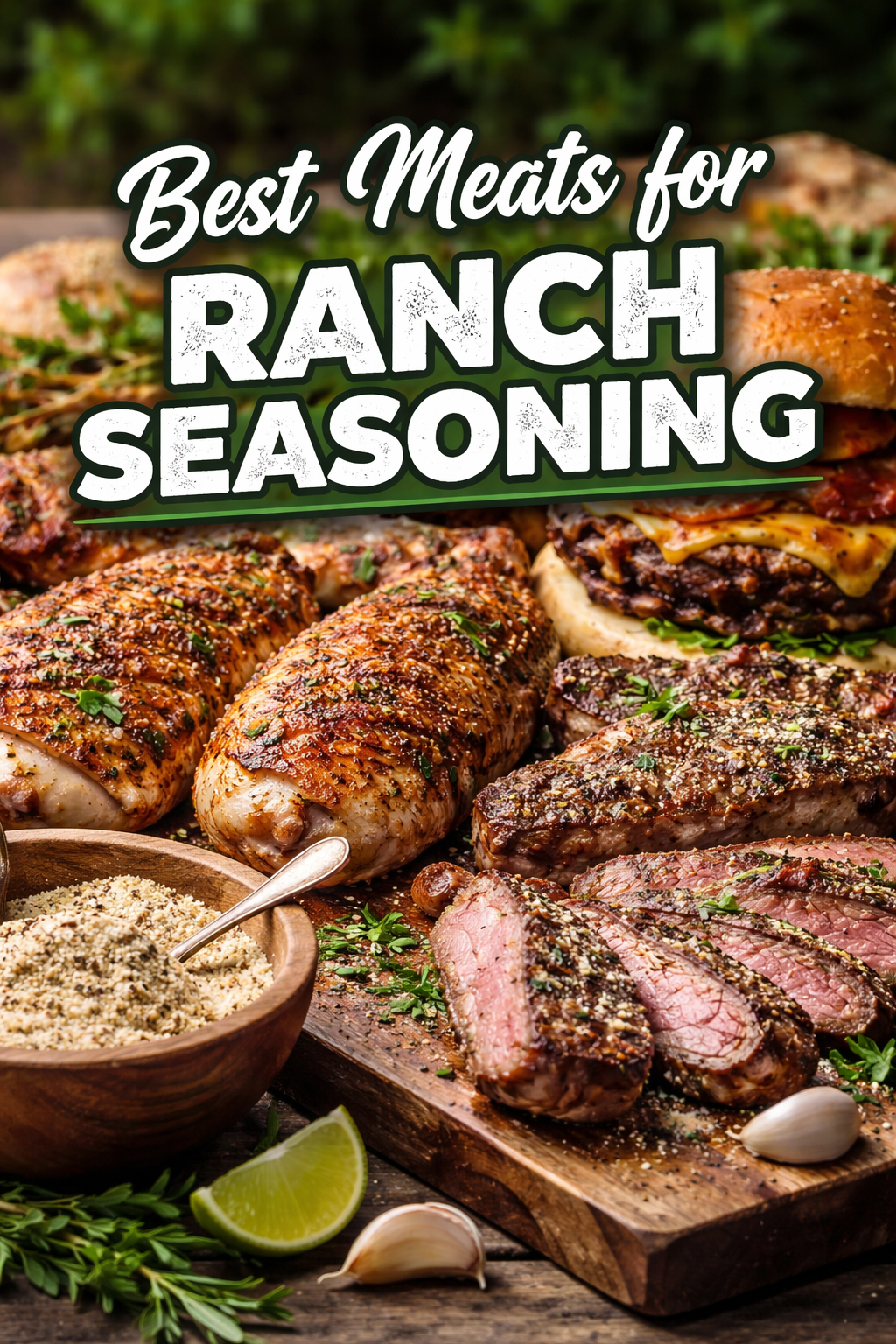 Ranch-seasoned chicken, burgers, pork, and steak on a cutting board showing the best meats for ranch seasoning
