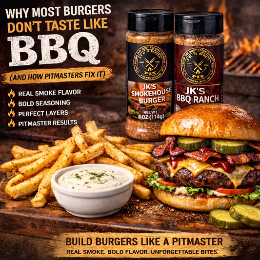 Backyard BBQ burger with bacon, melted cheese, pickles, fries and ranch dip featuring JK’s BBQ Pit Smokehouse Burger seasoning and Smoky Ranch seasoning