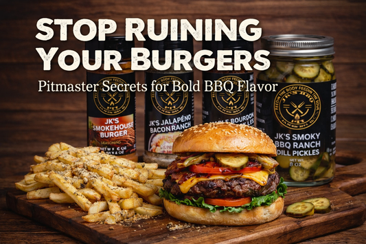 juicy homemade burger with bbq seasoning fries and pickles jks bbq pit