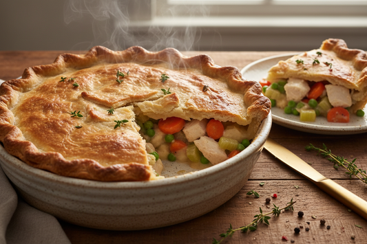 Homemade chicken pot pie with vegetables and single crust