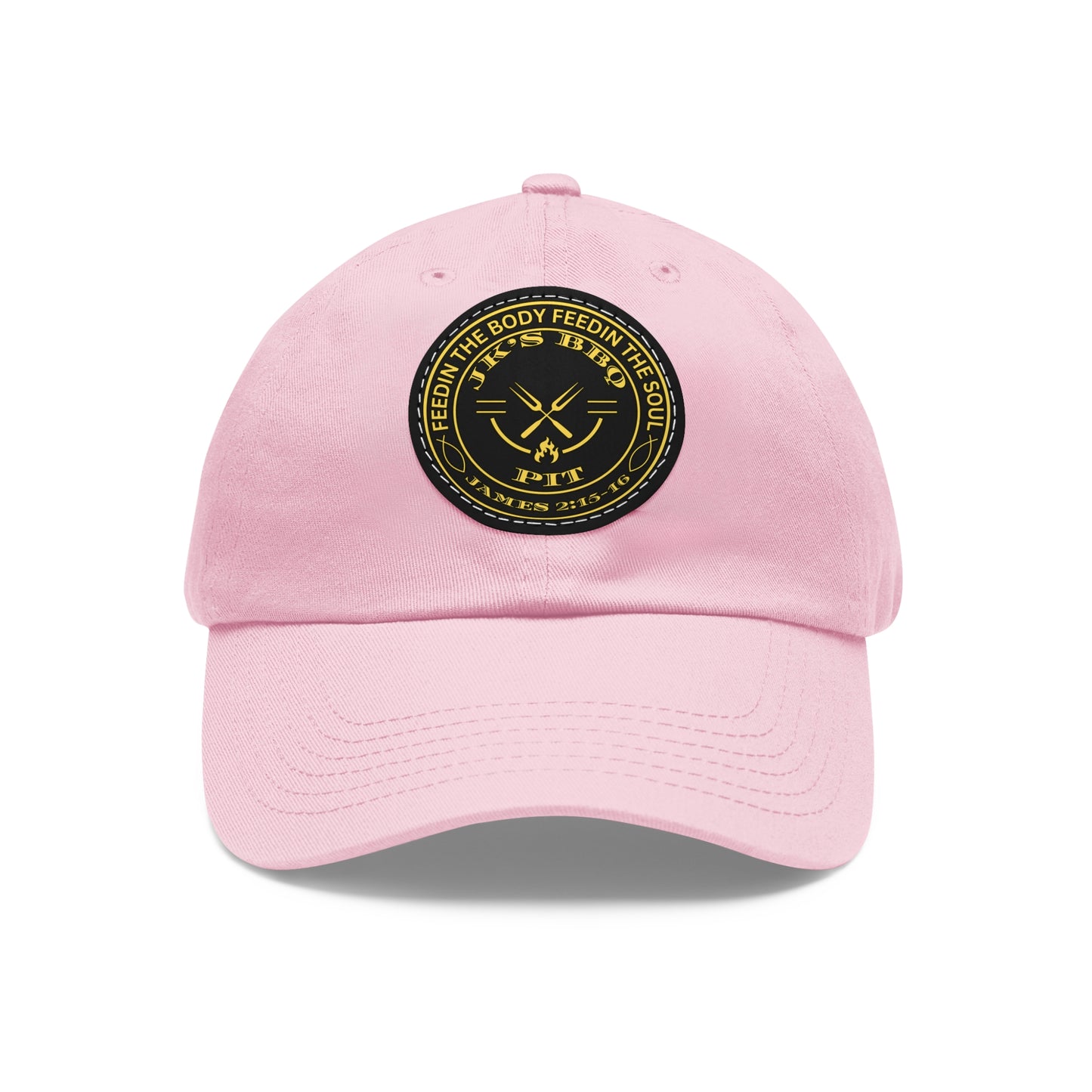 JK’s BBQ Pit Dad Hat – “Feed the Body, Feed the Soul” Leather Patch Cap