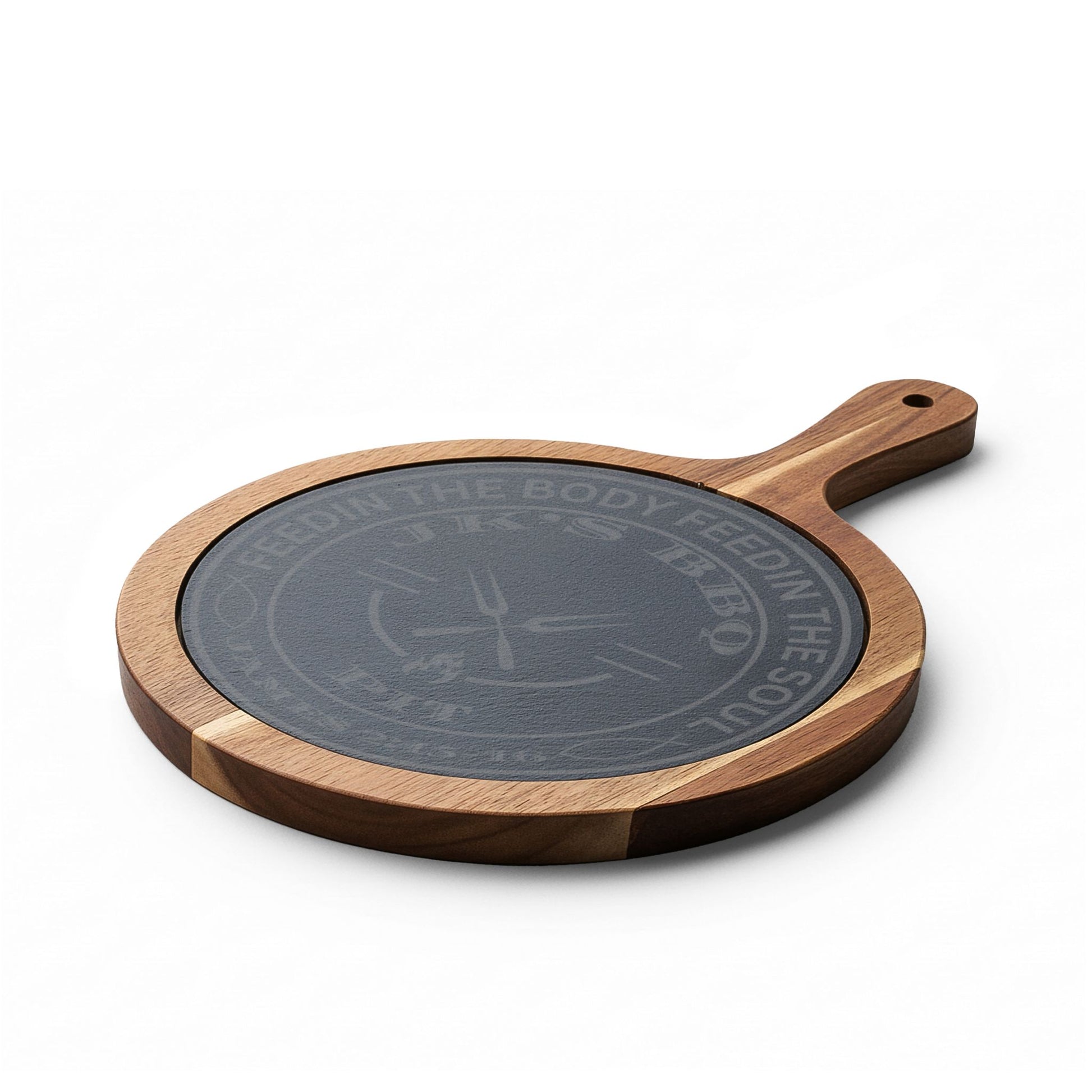 Wooden cutting board with engraved design on a white background