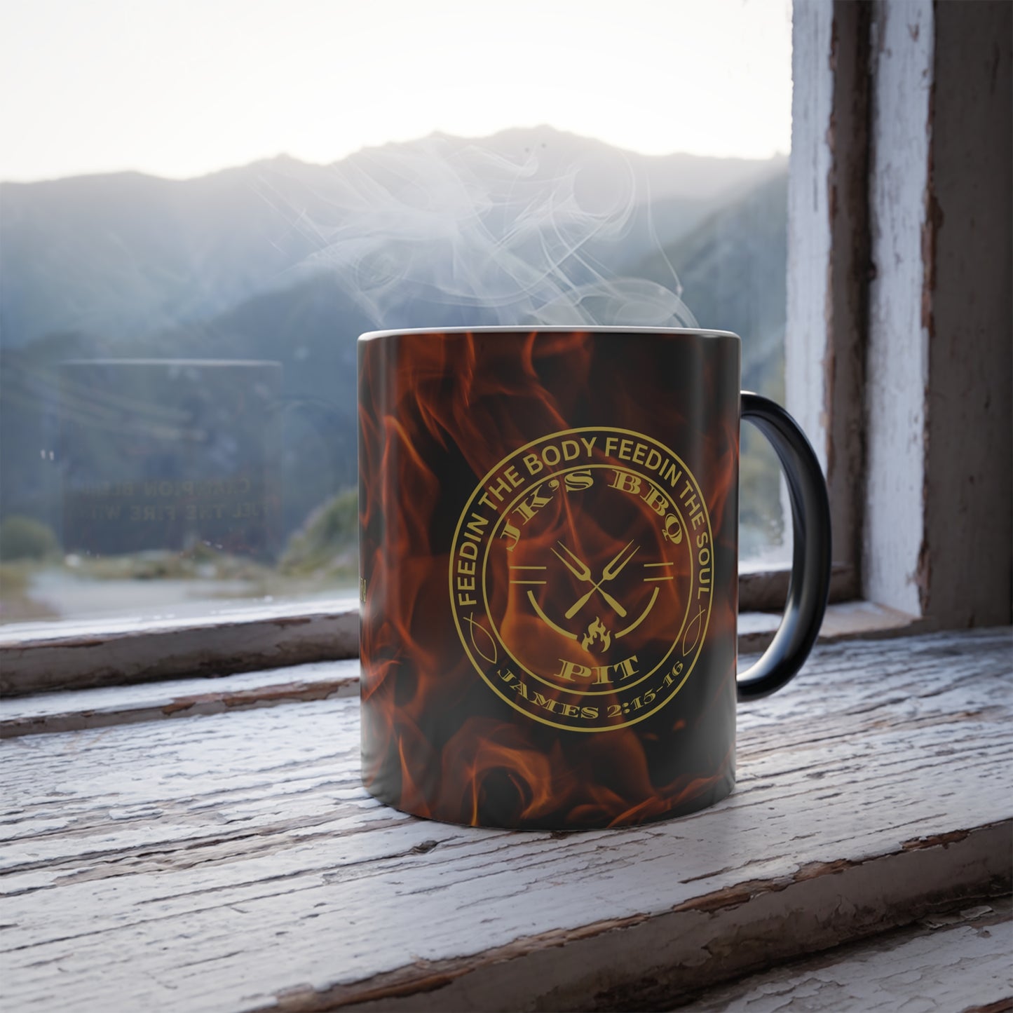 JK’s BBQ Pit Color-Changing Flame Mug – 11 oz Heat-Activated Coffee Cup