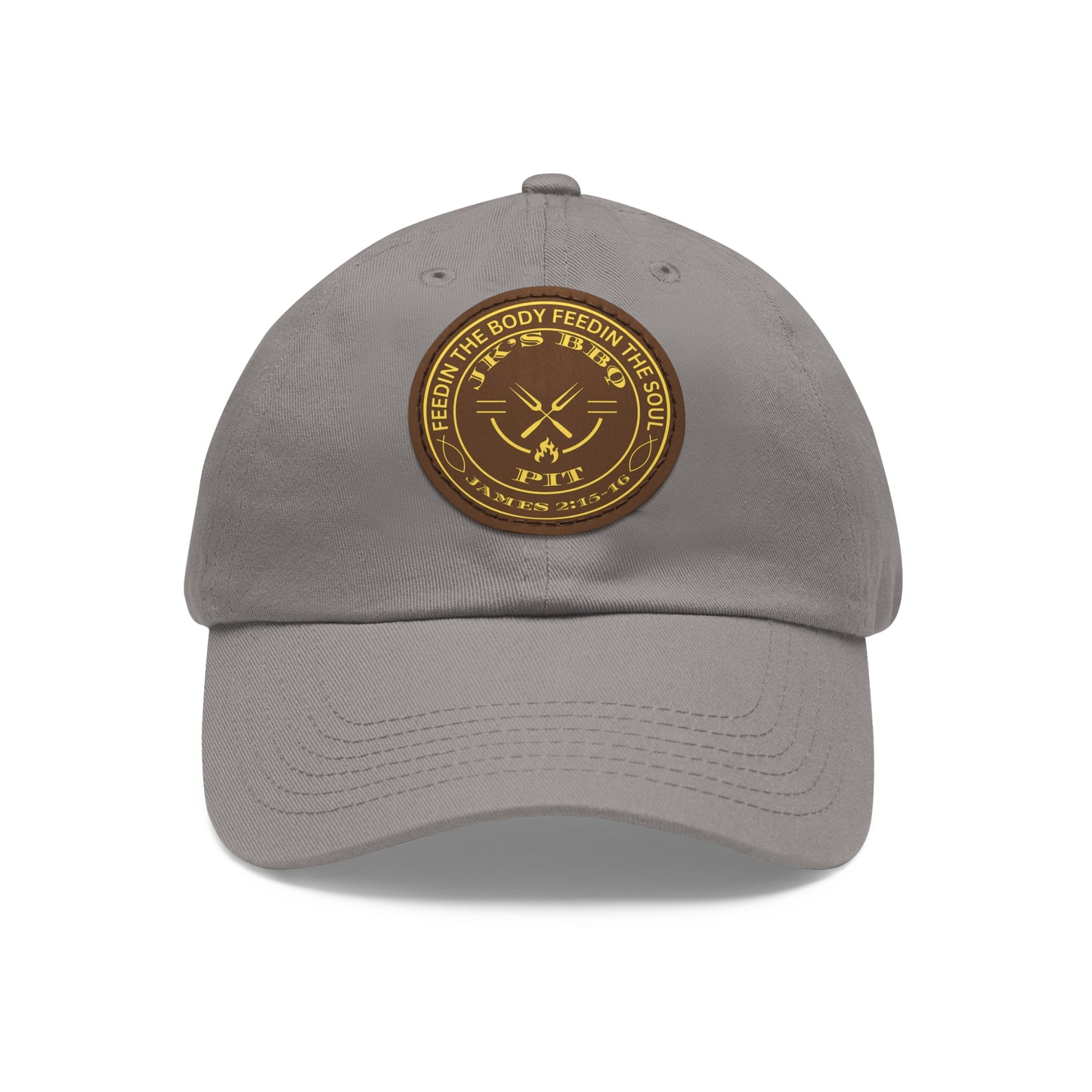 JK’s BBQ Pit Dad Hat – “Feed the Body, Feed the Soul” Leather Patch Cap