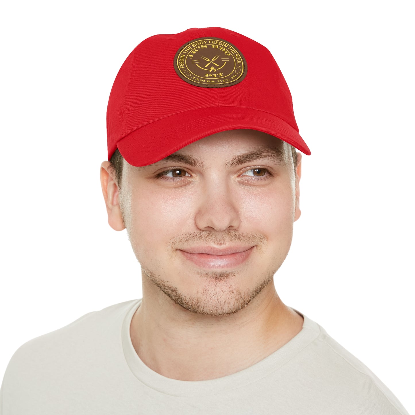 JK’s BBQ Pit Dad Hat – “Feed the Body, Feed the Soul” Leather Patch Cap