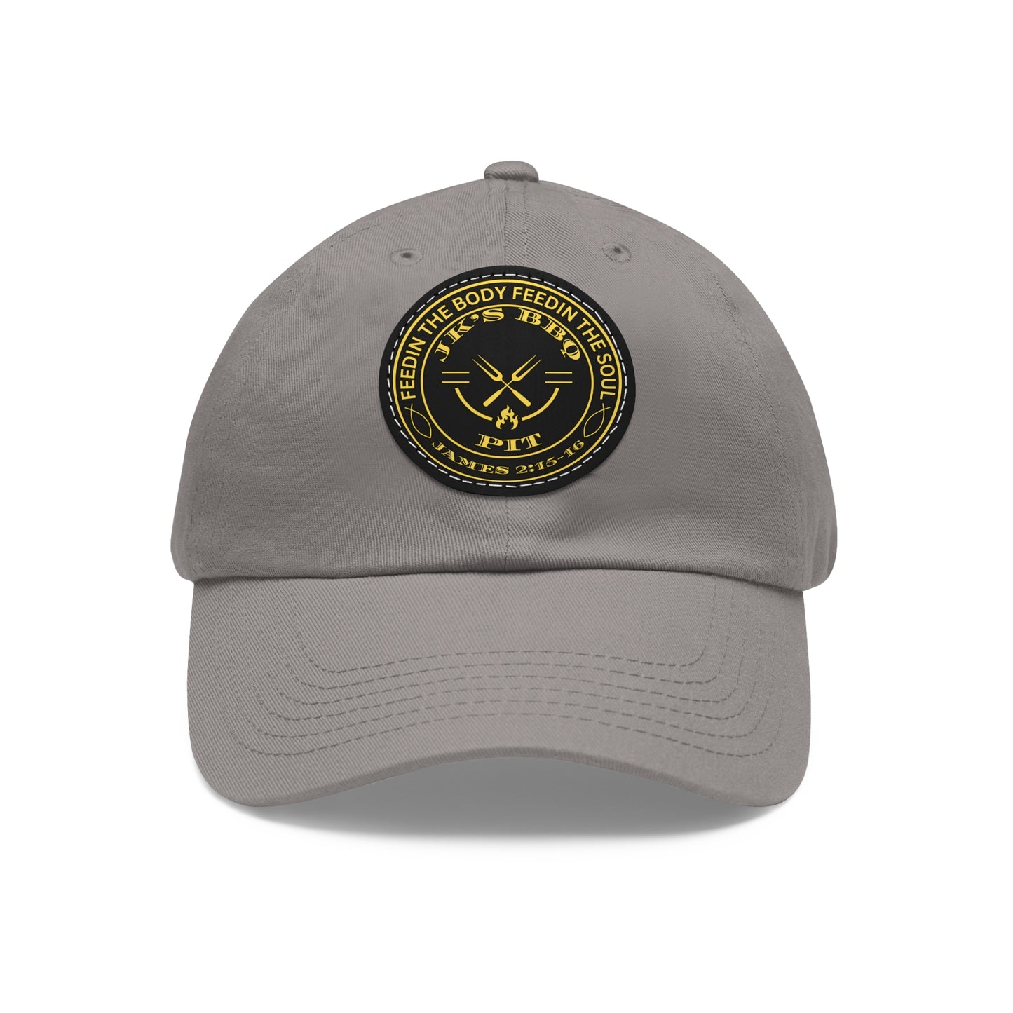 JK’s BBQ Pit Dad Hat – “Feed the Body, Feed the Soul” Leather Patch Cap
