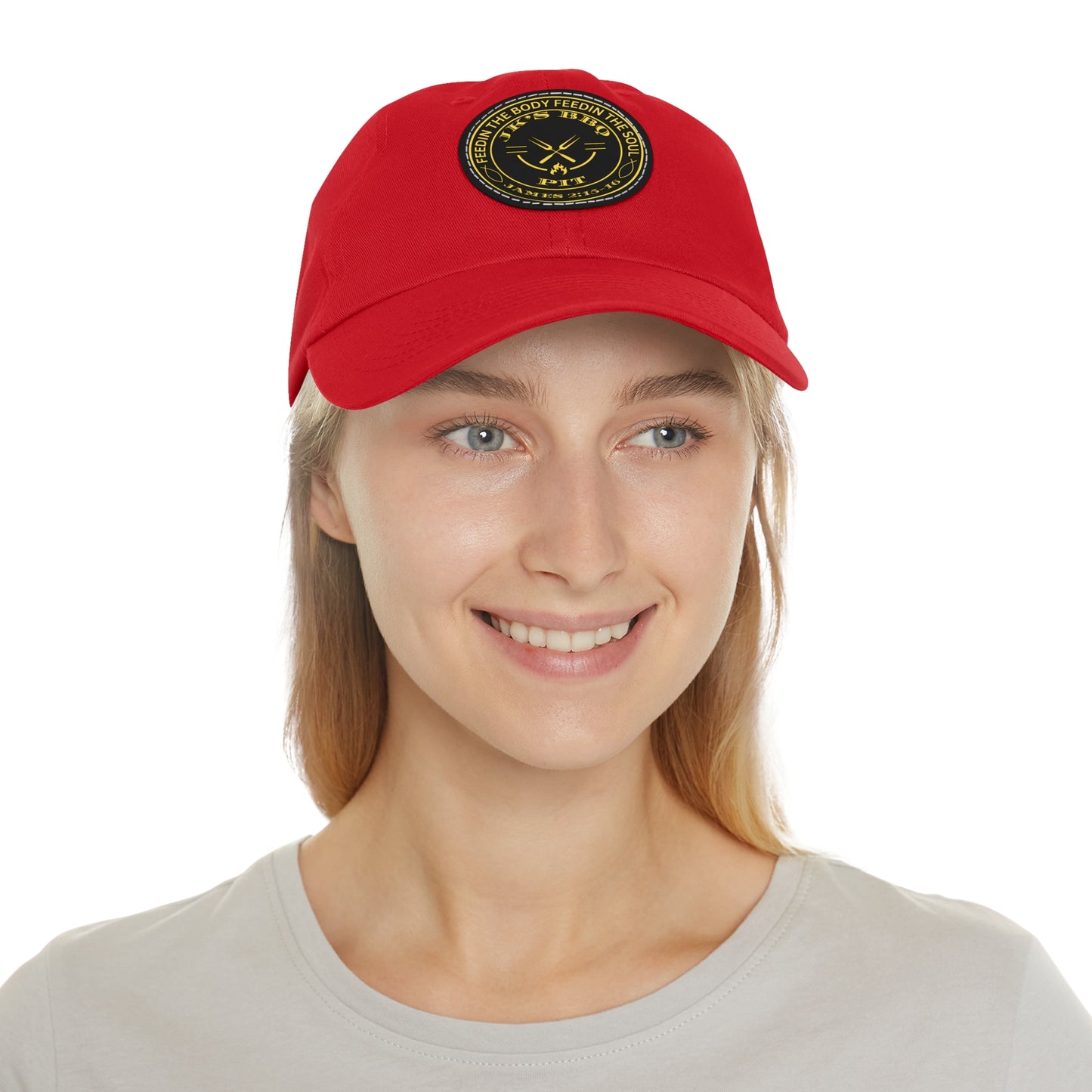 JK’s BBQ Pit Dad Hat – “Feed the Body, Feed the Soul” Leather Patch Cap