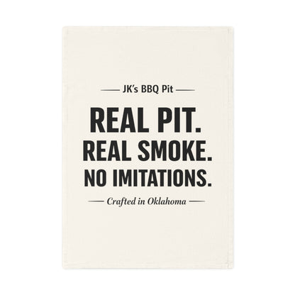 BBQ Cotton Tea Towel — “Real Pit. Real Smoke. No Imitations.” (Crafted in Oklahoma)