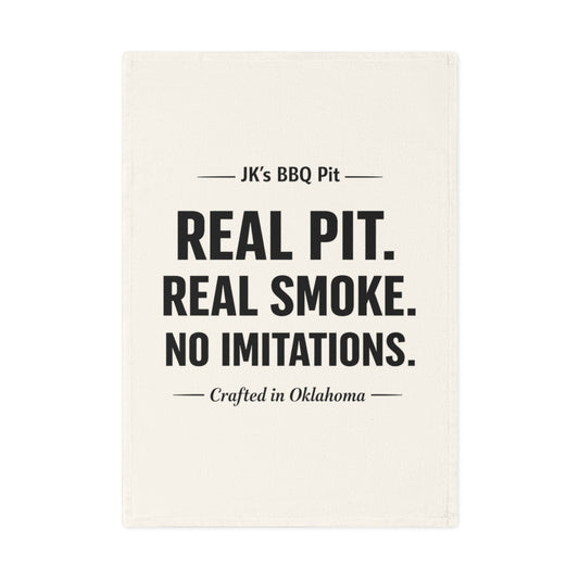 BBQ Cotton Tea Towel — “Real Pit. Real Smoke. No Imitations.” (Crafted in Oklahoma)