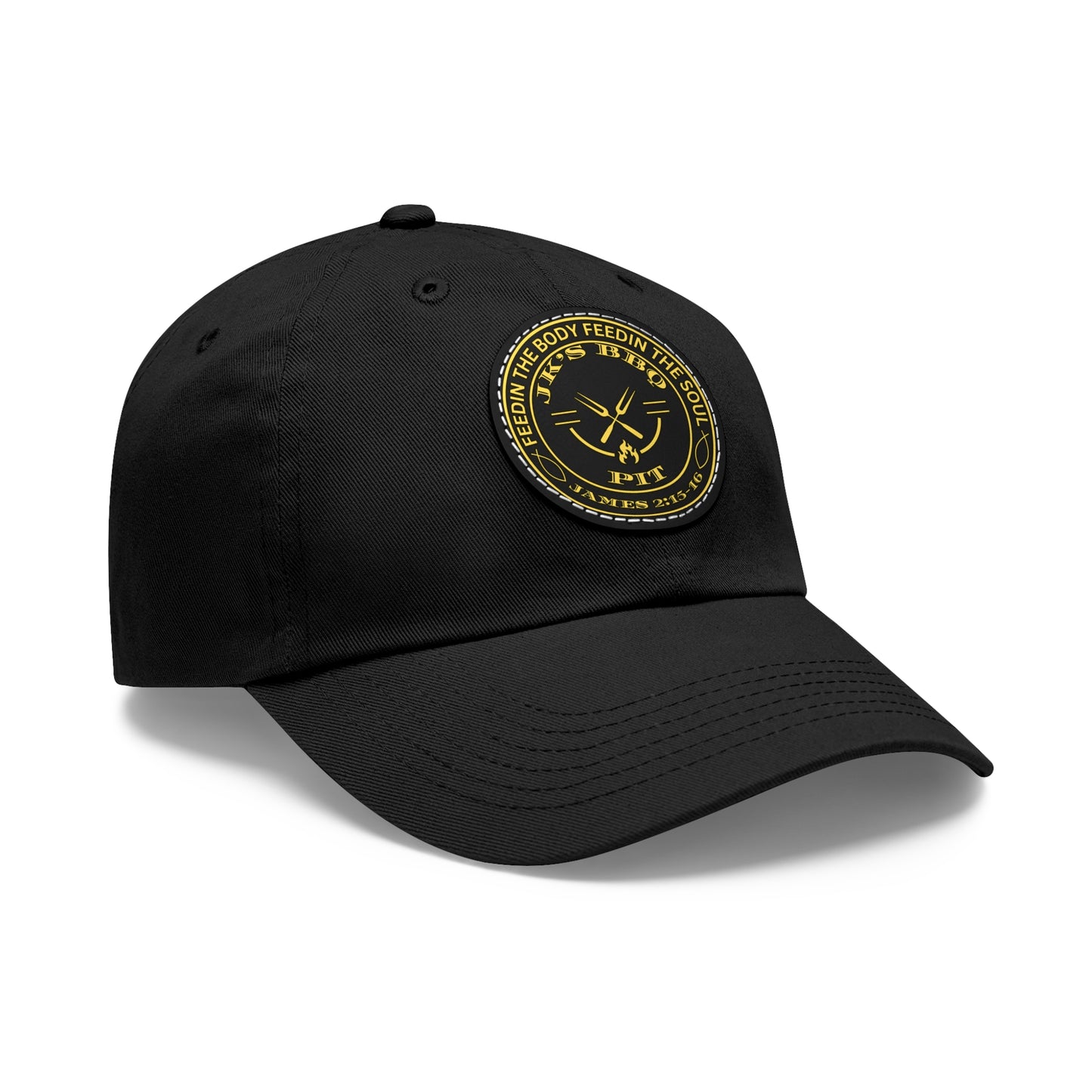 JK’s BBQ Pit Dad Hat – “Feed the Body, Feed the Soul” Leather Patch Cap