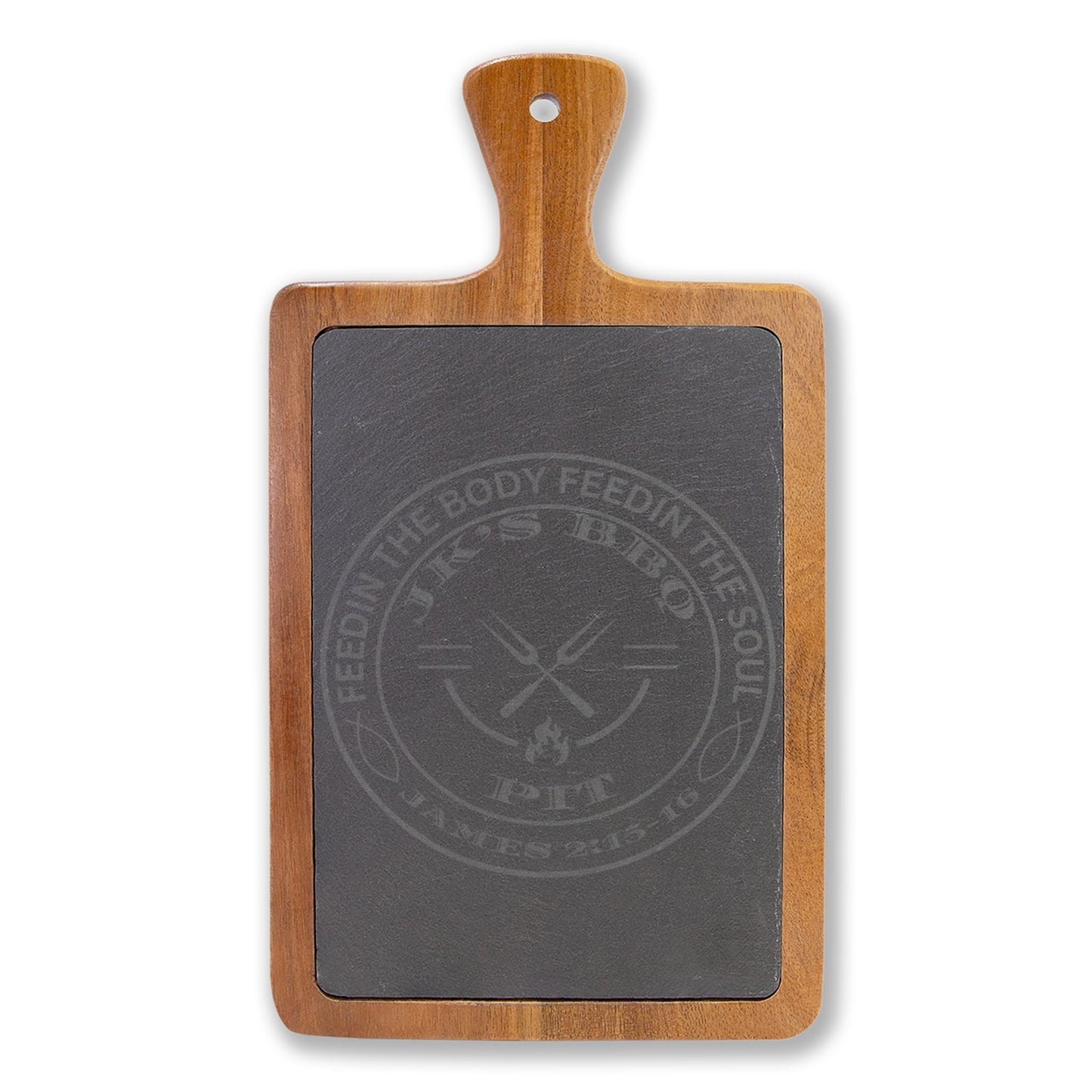 Wooden cutting board with a slate surface featuring branding on a white background