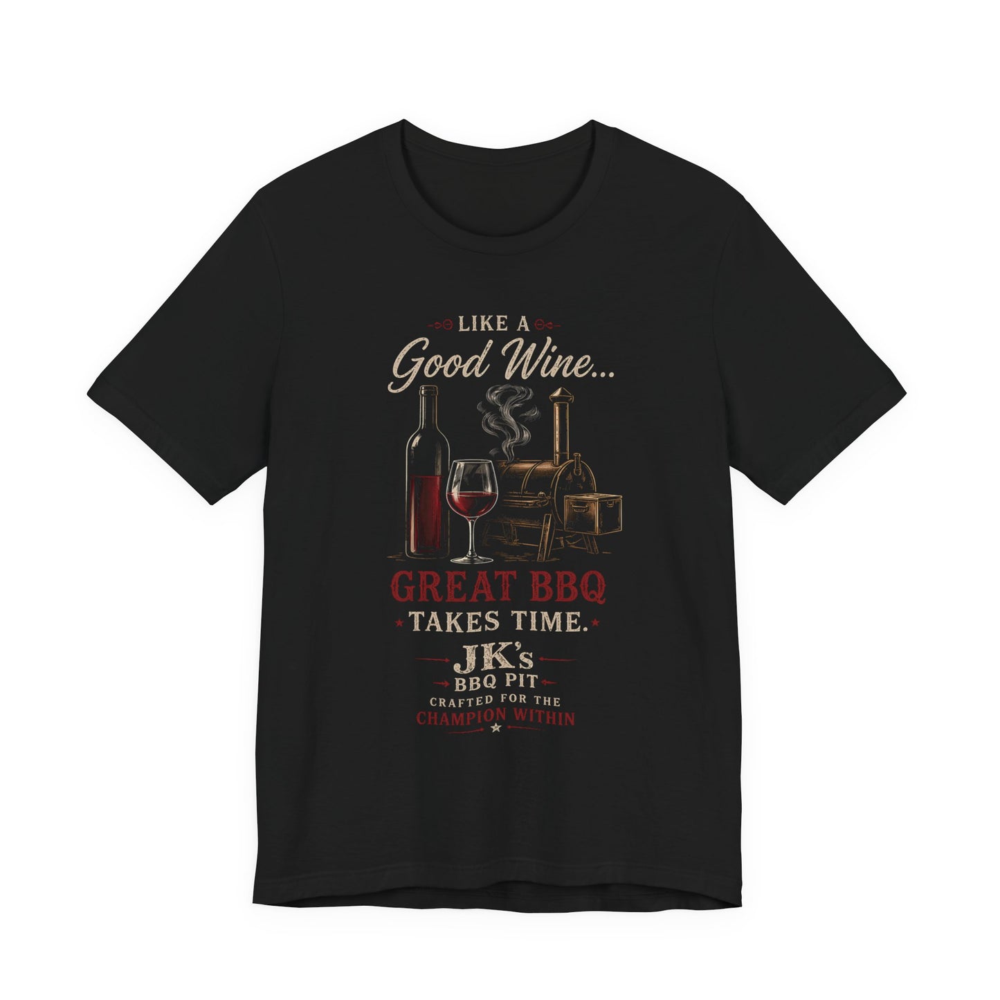 Barbecue & Wine T‑Shirt — “Like a Good Wine… Great BBQ Takes Time” Grillmaster Tee