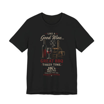 Barbecue & Wine T‑Shirt — “Like a Good Wine… Great BBQ Takes Time” Grillmaster Tee