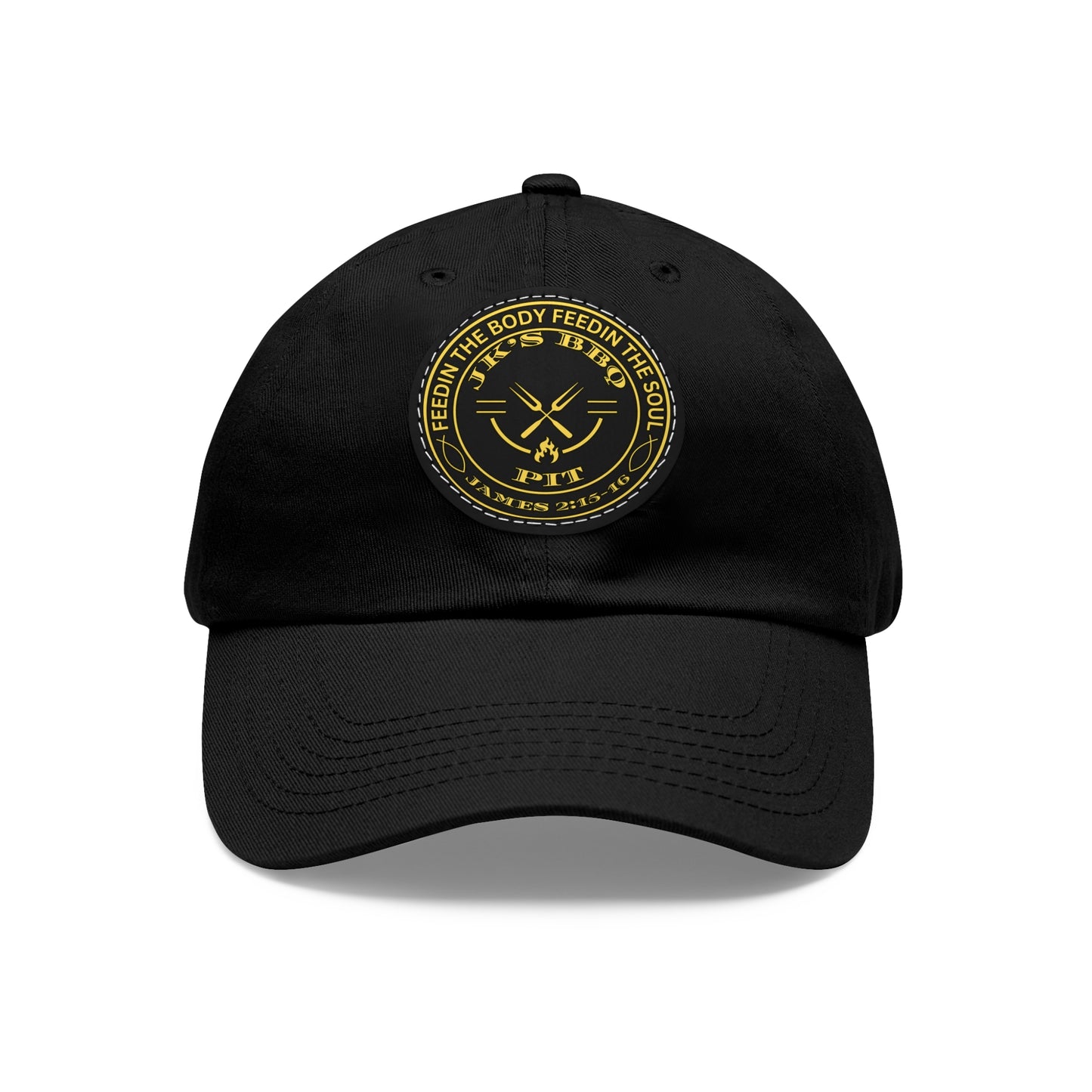 JK’s BBQ Pit Dad Hat – “Feed the Body, Feed the Soul” Leather Patch Cap