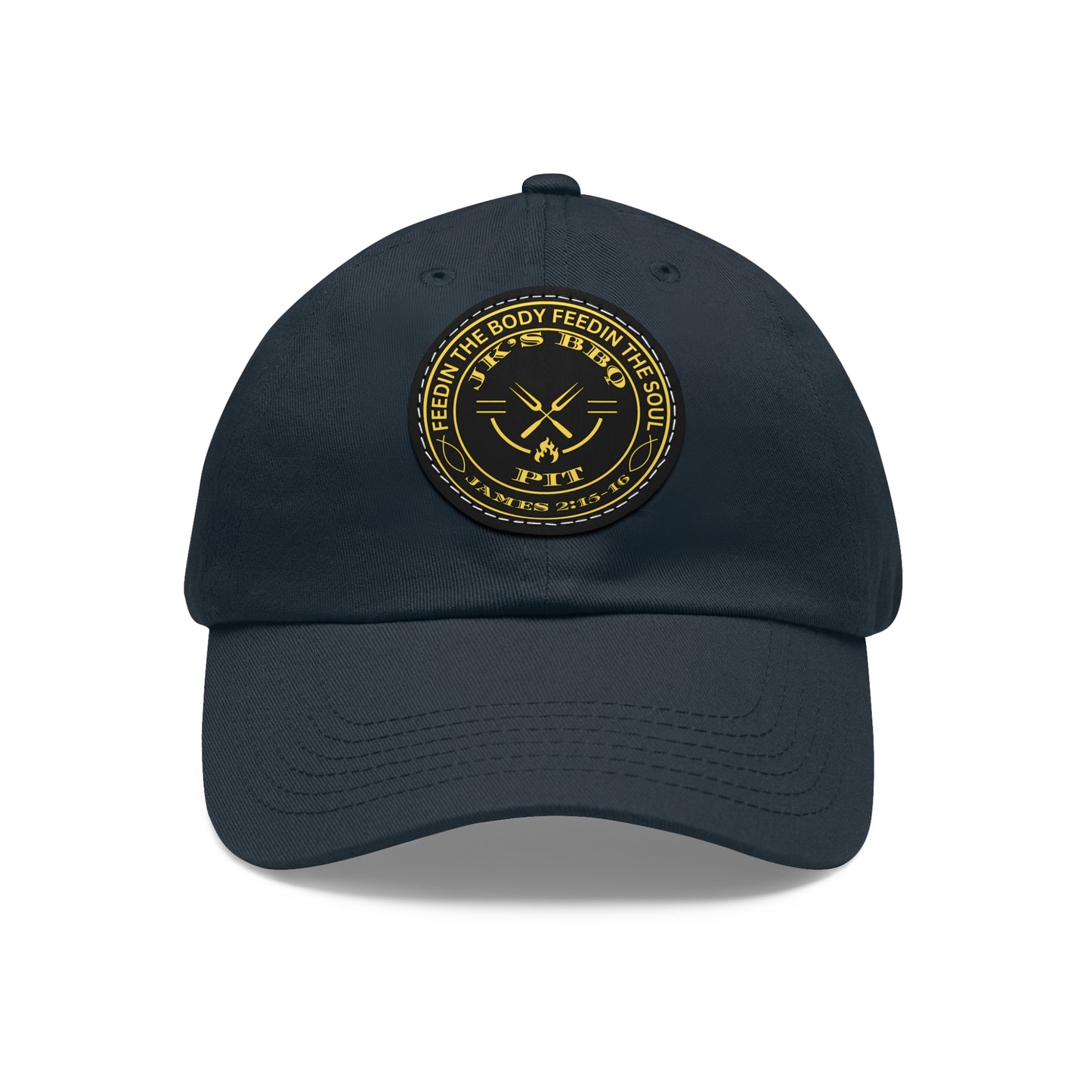 JK’s BBQ Pit Dad Hat – “Feed the Body, Feed the Soul” Leather Patch Cap