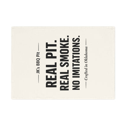 BBQ Cotton Tea Towel — “Real Pit. Real Smoke. No Imitations.” (Crafted in Oklahoma)