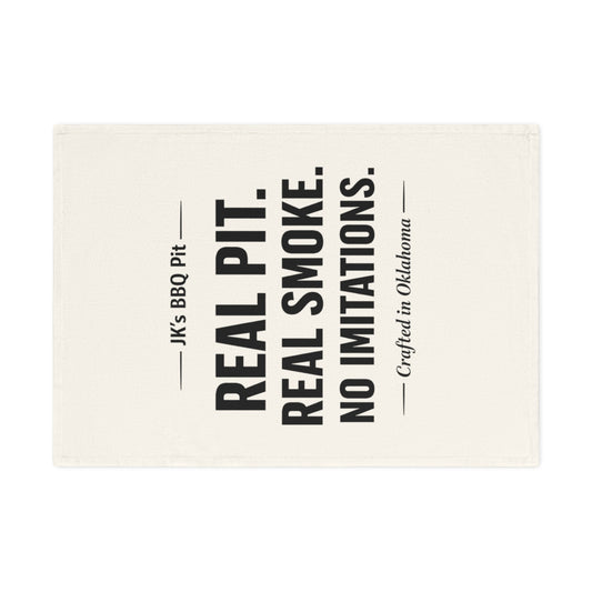 BBQ Cotton Tea Towel — “Real Pit. Real Smoke. No Imitations.” (Crafted in Oklahoma)