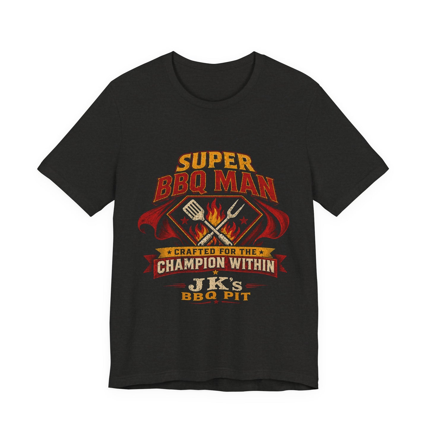 BBQ Man T-Shirt — "Super BBQ Man: Crafted for the Champion Within" Grilling Tee (Customizable JK's BBQ Pit)