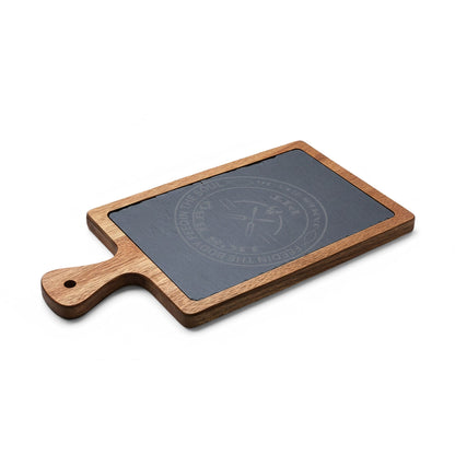 Wooden cutting board with a dark surface on a white background