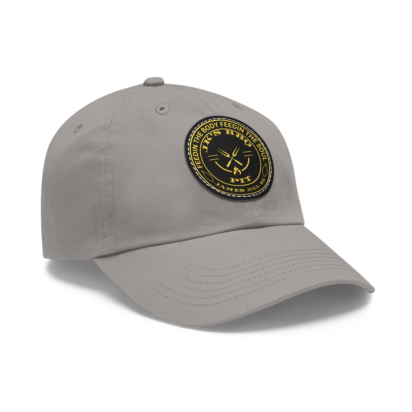 JK’s BBQ Pit Dad Hat – “Feed the Body, Feed the Soul” Leather Patch Cap