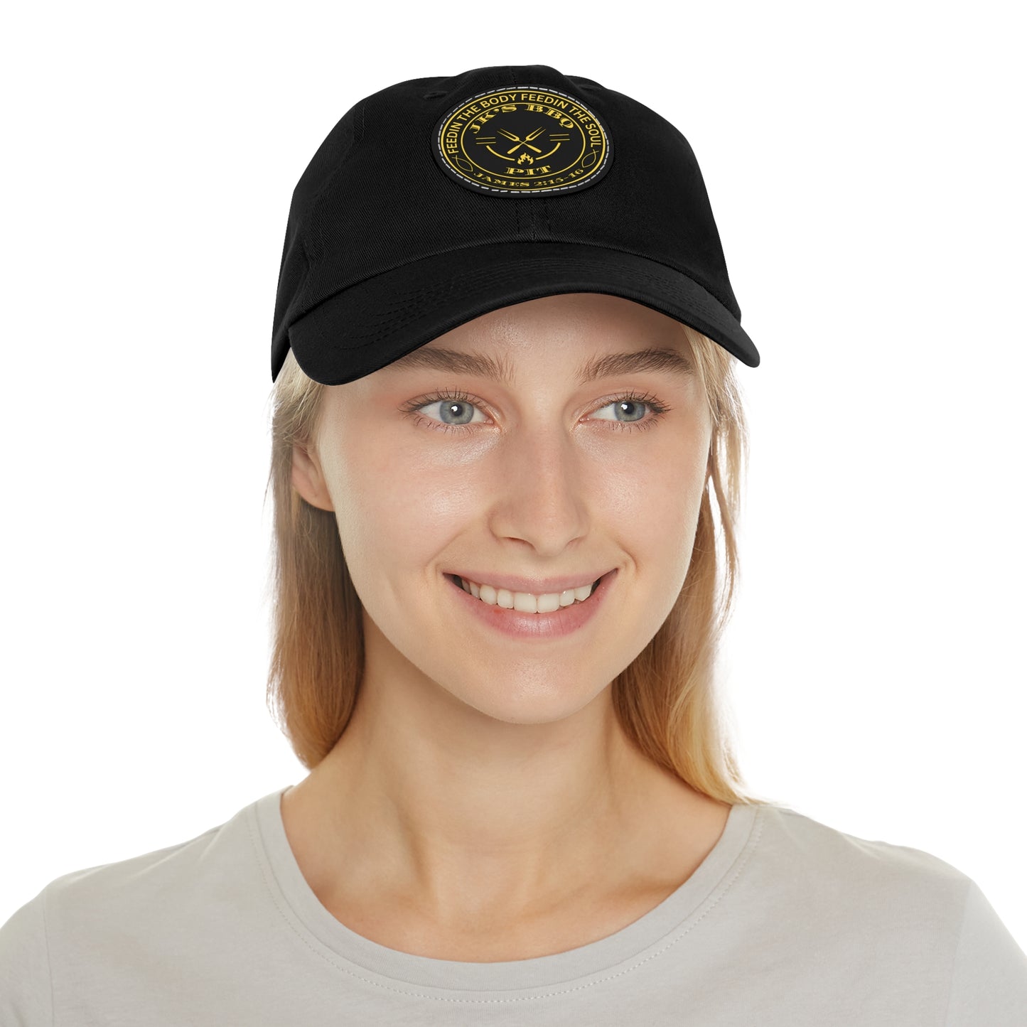 JK’s BBQ Pit Dad Hat – “Feed the Body, Feed the Soul” Leather Patch Cap