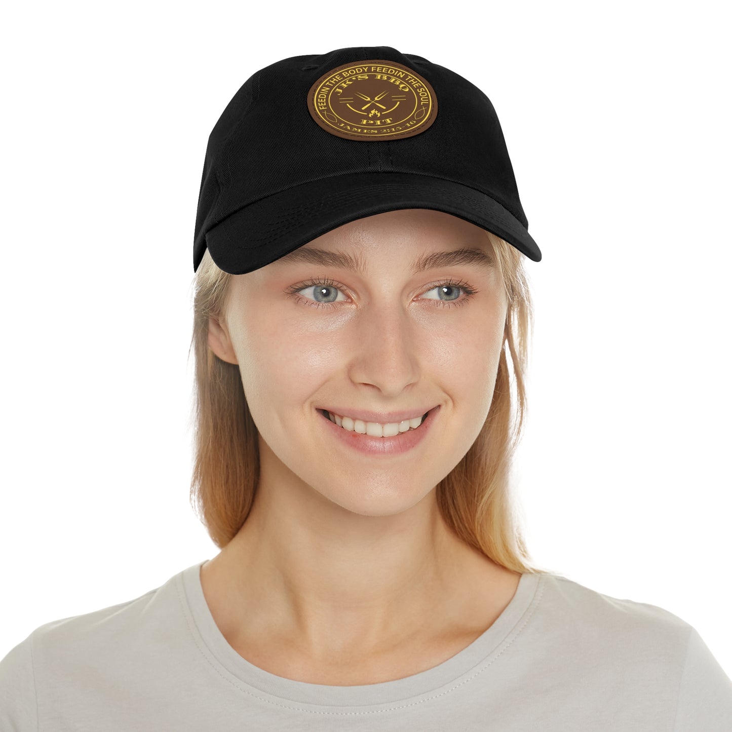 JK’s BBQ Pit Dad Hat – “Feed the Body, Feed the Soul” Leather Patch Cap