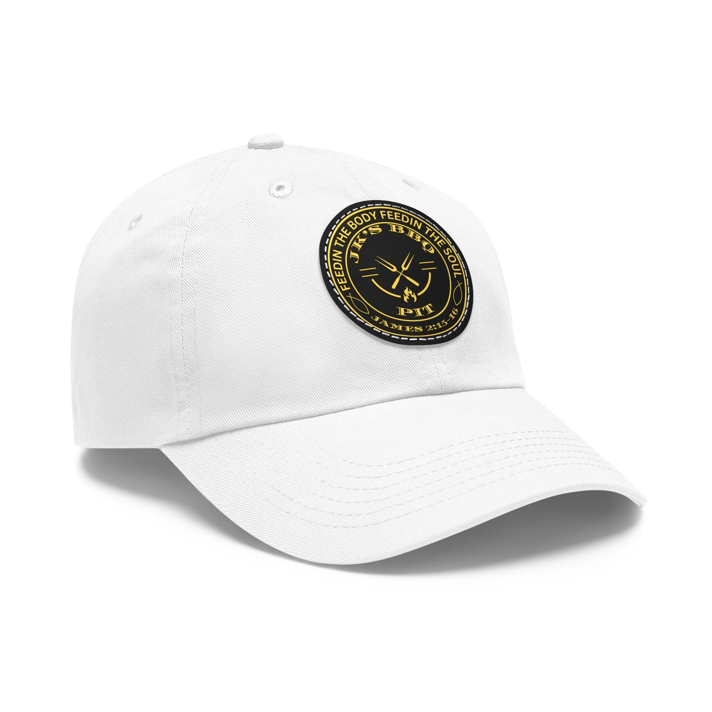 JK’s BBQ Pit Dad Hat – “Feed the Body, Feed the Soul” Leather Patch Cap