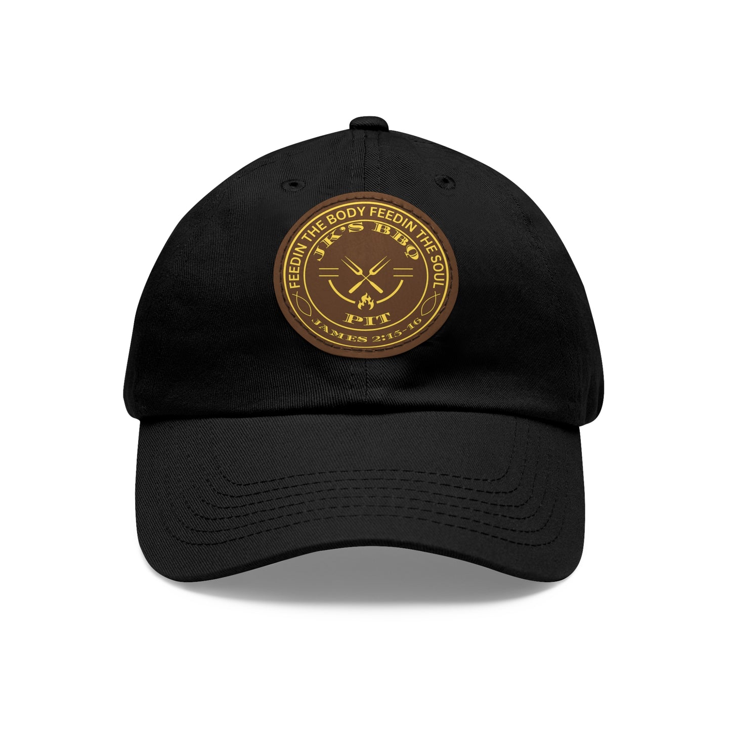 JK’s BBQ Pit Dad Hat – “Feed the Body, Feed the Soul” Leather Patch Cap