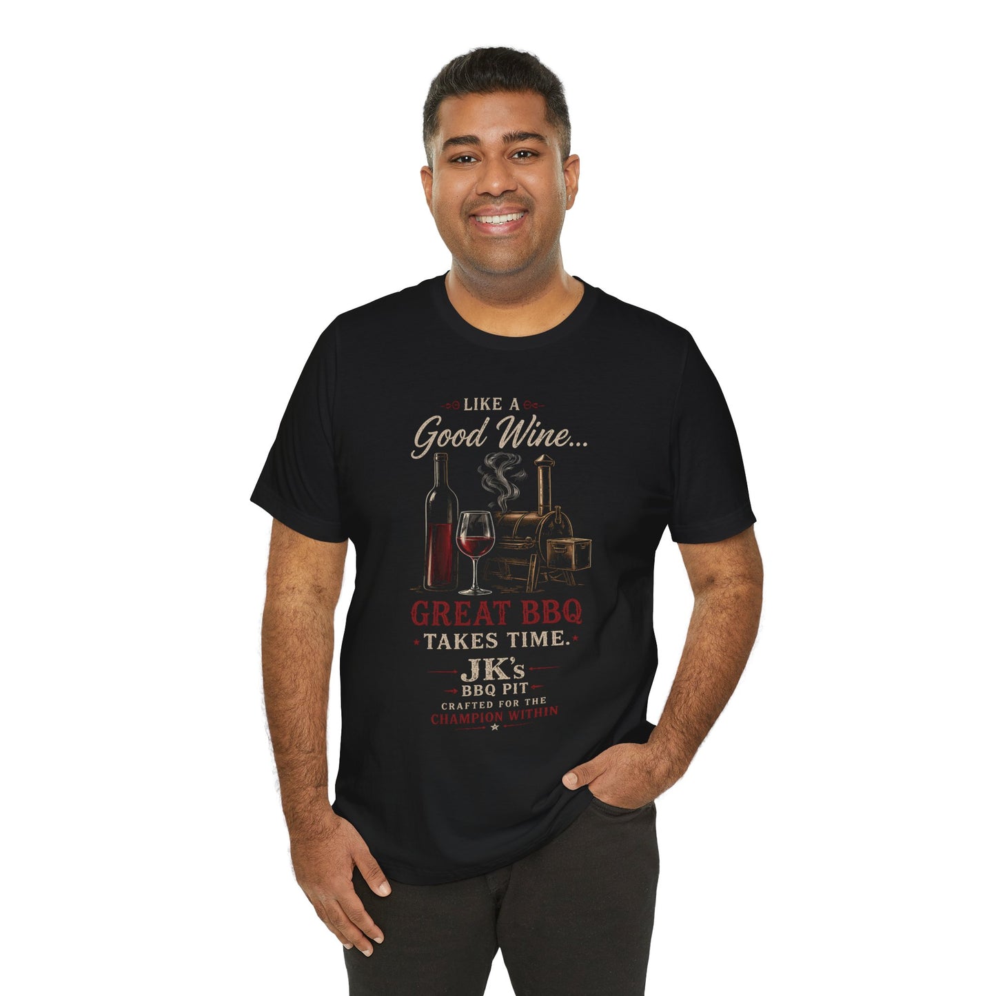 Barbecue & Wine T‑Shirt — “Like a Good Wine… Great BBQ Takes Time” Grillmaster Tee