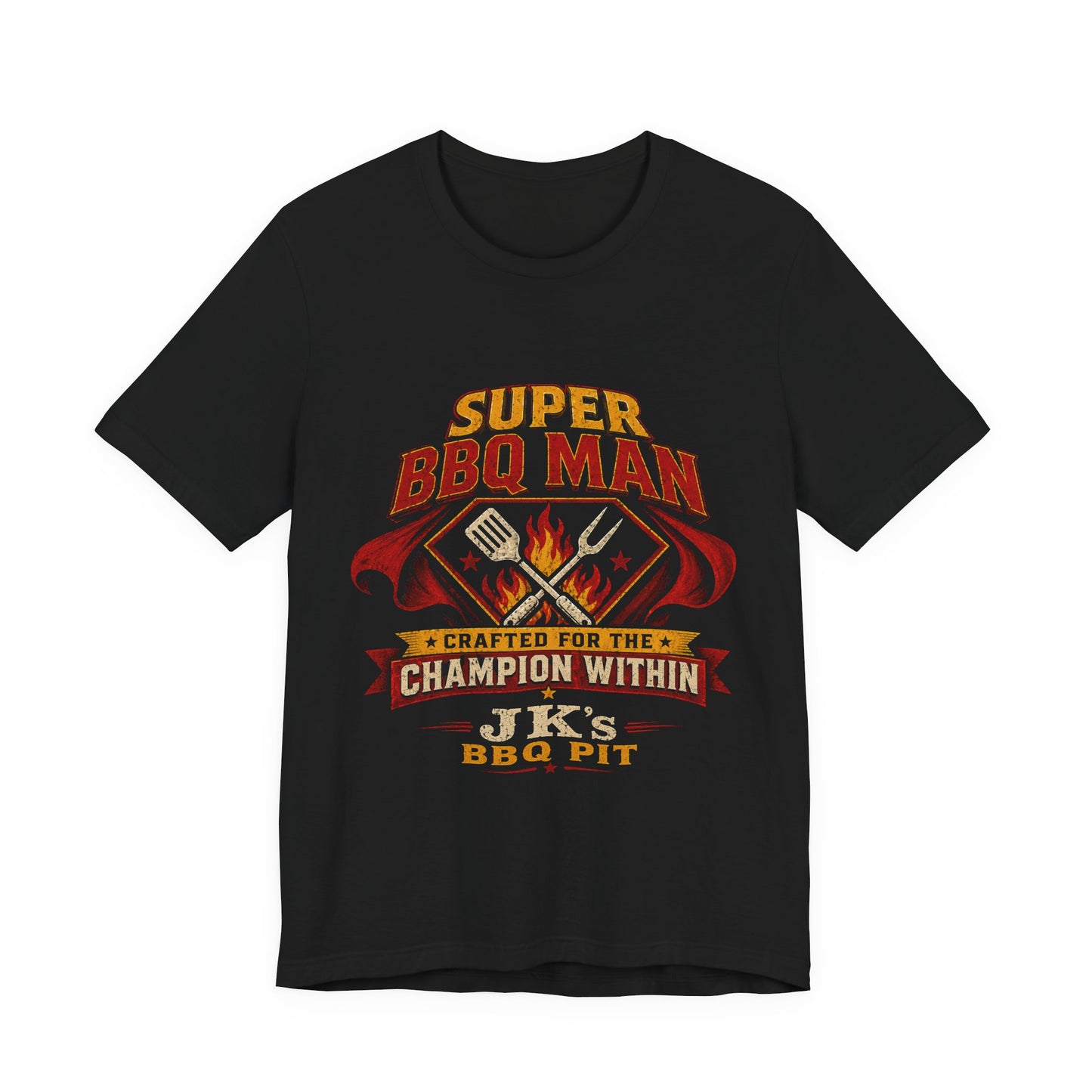 BBQ Man T-Shirt — "Super BBQ Man: Crafted for the Champion Within" Grilling Tee (Customizable JK's BBQ Pit)