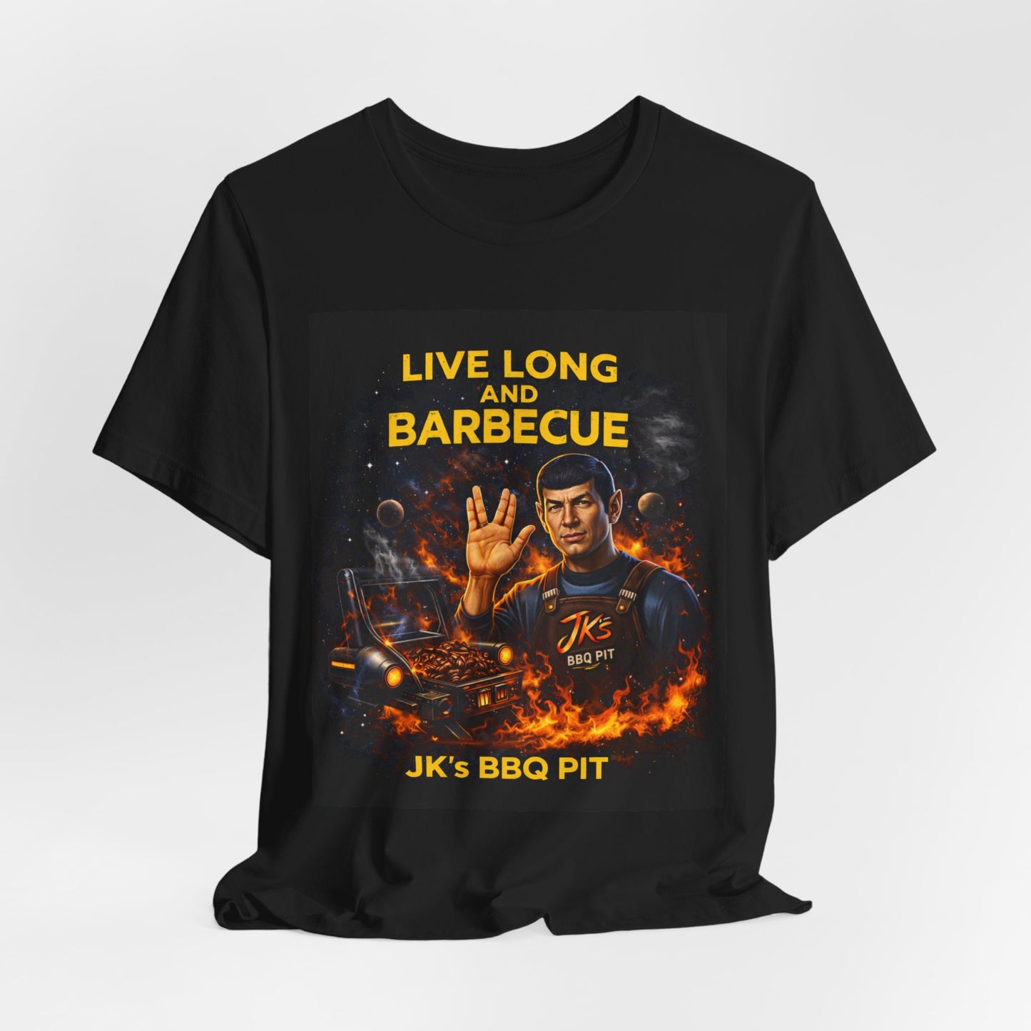 JK’s BBQ Pit “Live Long & Barbecue” T-Shirt – Pitmaster Grilling Tee