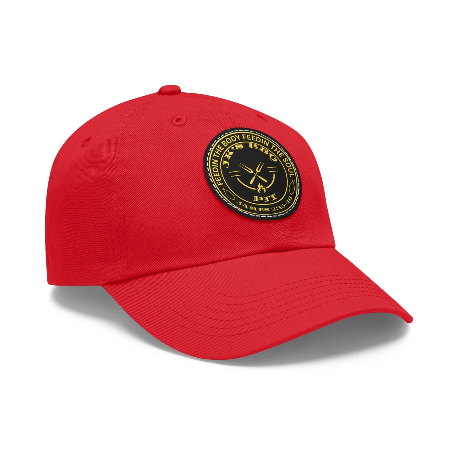 JK’s BBQ Pit Dad Hat – “Feed the Body, Feed the Soul” Leather Patch Cap