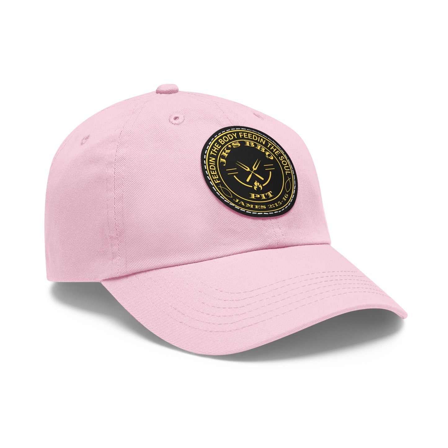 JK’s BBQ Pit Dad Hat – “Feed the Body, Feed the Soul” Leather Patch Cap
