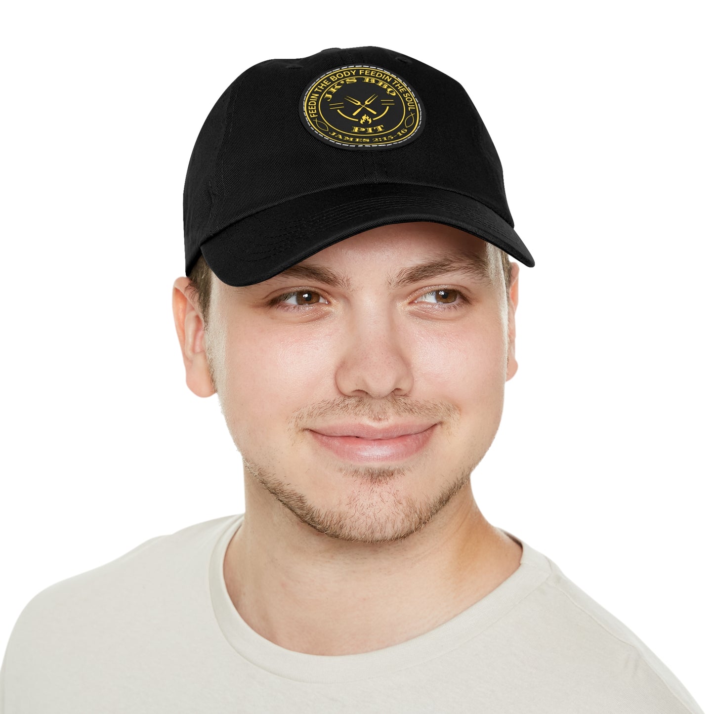 JK’s BBQ Pit Dad Hat – “Feed the Body, Feed the Soul” Leather Patch Cap