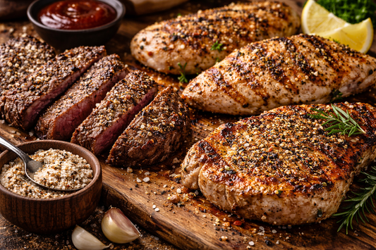 Grilled steak and chicken seasoned with JK’s SPG BBQ Seasoning