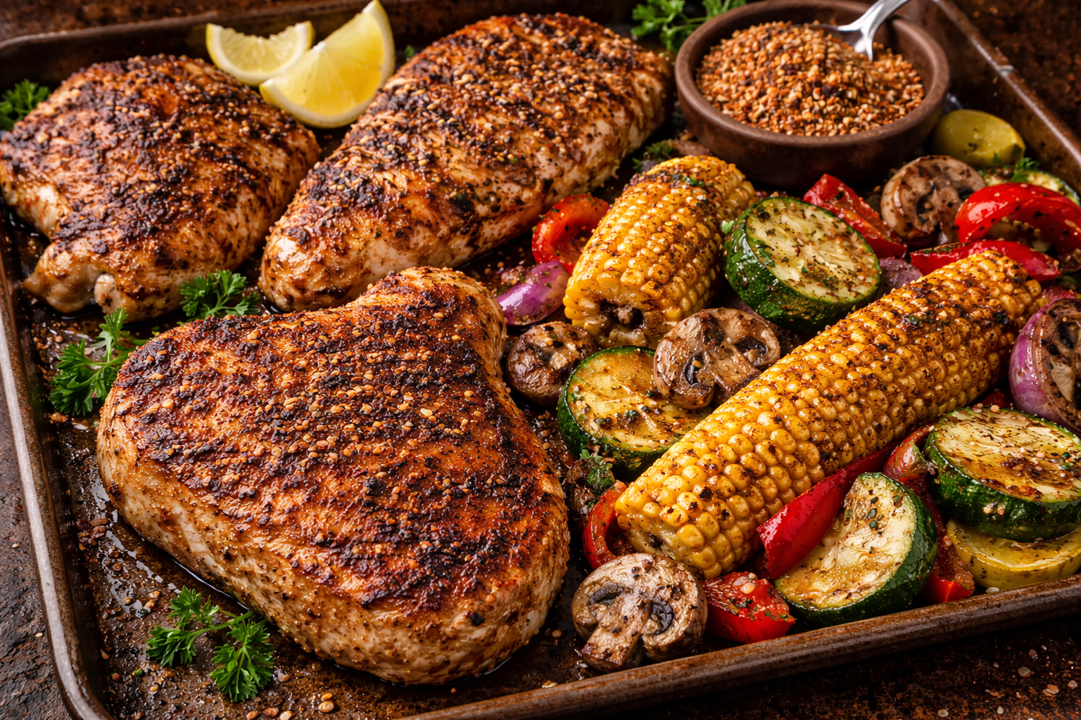 Grilled chicken, pork, and vegetables coated with JK’s Cajun BBQ Rub
