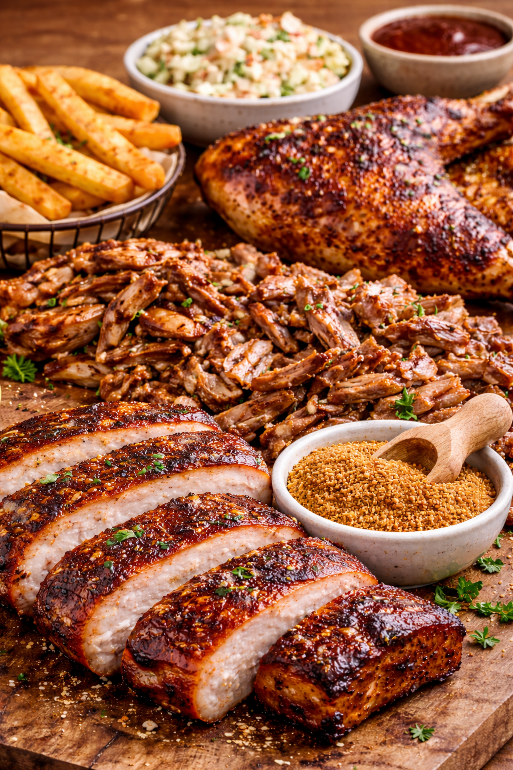 Smoked pork ribs, pulled pork, and chicken with rich caramelized bark from coconut sugar BBQ rub