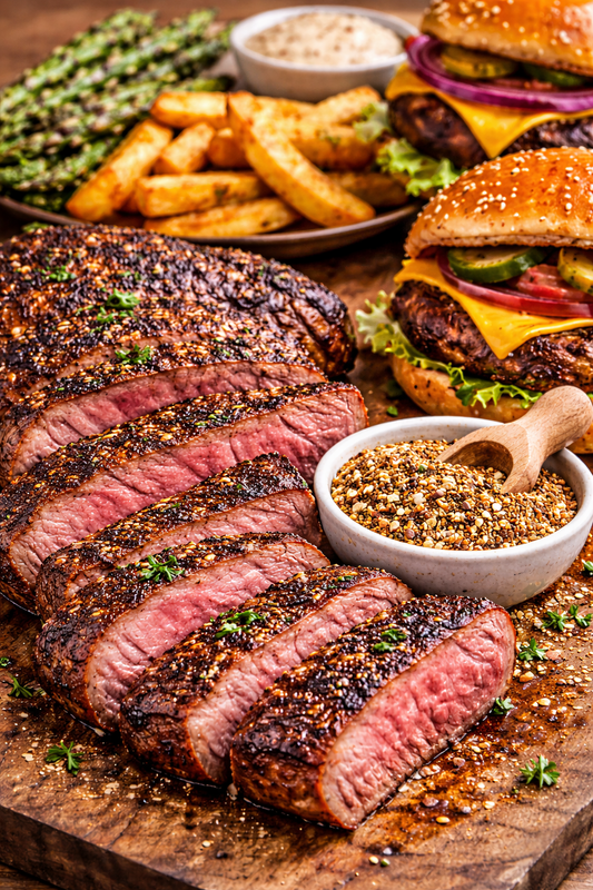 Grilled ribeye steak with bold crust served alongside burgers and roasted potatoes