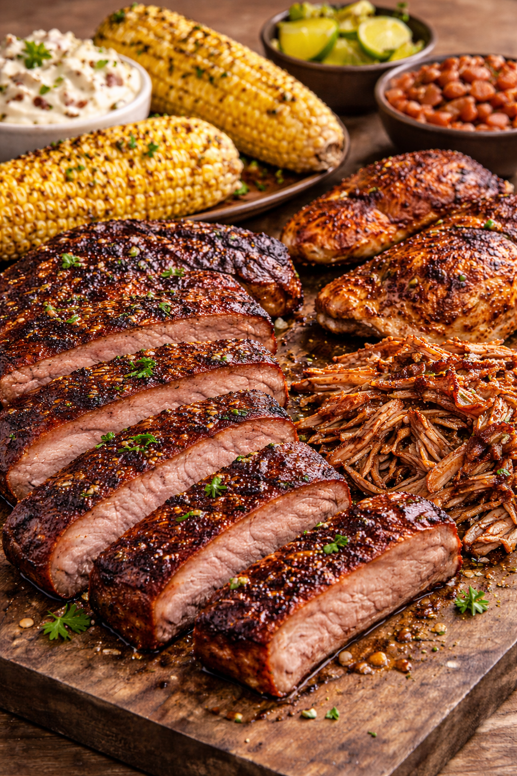Sliced smoked pork ribs, pulled pork, and grilled chicken with caramelized BBQ bark and classic sides