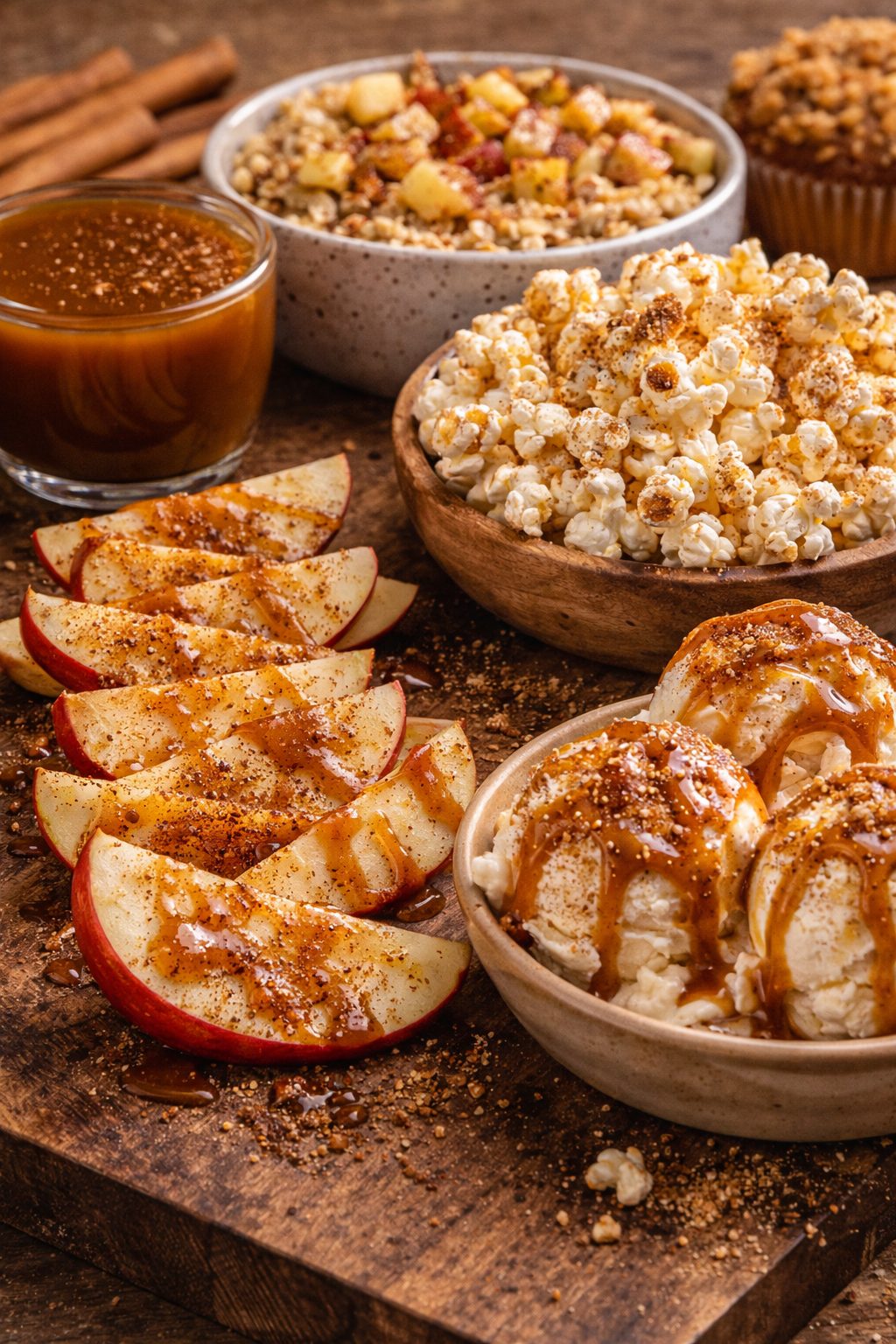 Apple slices, caramel-drizzled vanilla ice cream, and sweet popcorn with warm dessert topping