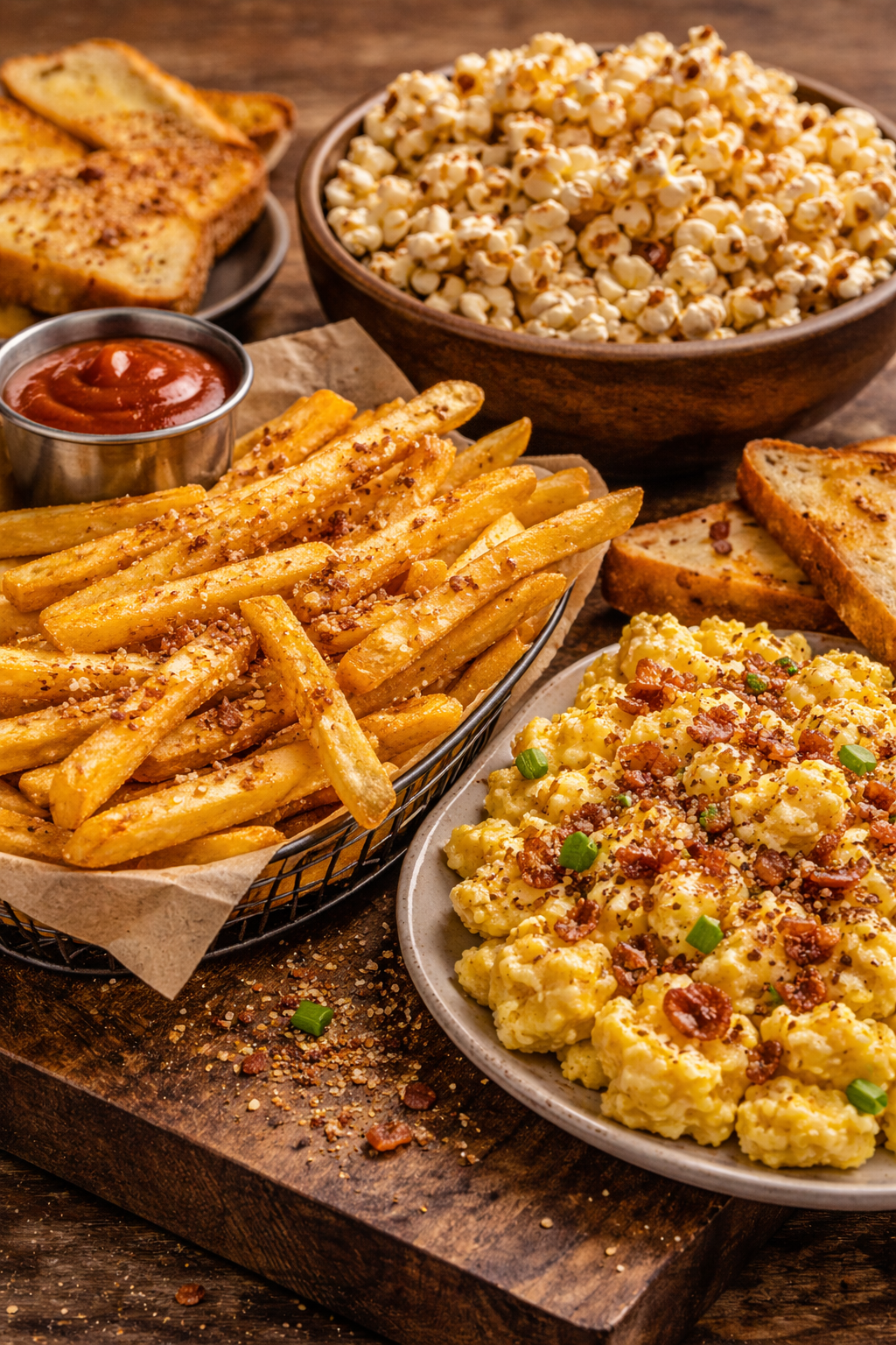 Golden French fries, fluffy scrambled eggs, and buttery popcorn sprinkled with smoky bacon seasoning