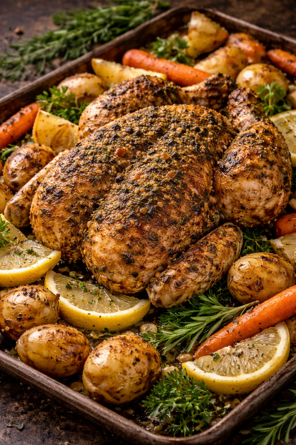 Herb-roasted whole chicken with baby potatoes, carrots, and fresh rosemary